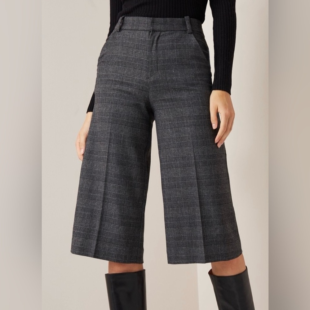 Maje plaid culottes grey wool blend flat front wide leg pants FR 40 US 8